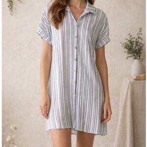 THML Womens Blue White Striped Button Down Shirt Dress Short Sleeve FTM2956-BL S